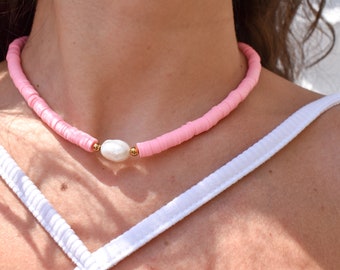 Malibu Necklace, pink heishi bead necklace, freshwater pearl, Heishi bead choker