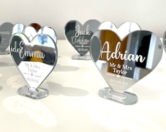 Mirror Wedding Place Settings | Wedding Place Names | Place Hearts | Baby Shower | Personalised Name | Mirror Gold Wood