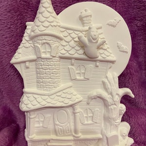 Ceramic bisque Halloween haunted house plaque ready to paint