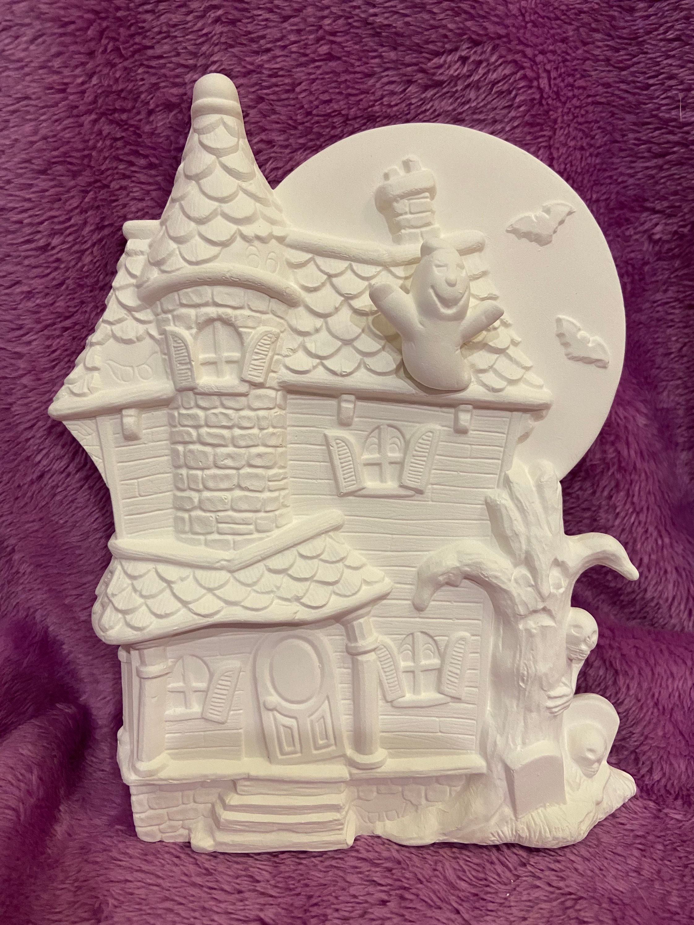 Ceramic bisque Halloween haunted house plaque ready to paint Etsy