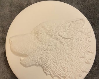 Ceramic bisque wolf plaque ready to paint