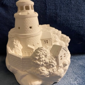 Ceramic bisque Small Christmas village lighthouse  ready to paint