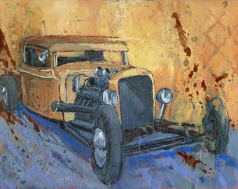 Original Acrylic Painting Wall Art | 1934 Chevy Pickup Rat Rod | Automotive Expressionist | Horizontal 12 X 16