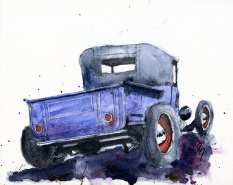Original Line and Wash Wall Art, Automotive, Blue Model A Ford Hot Rod Roadster Pickup Rear, Pen and Watercolor, Horizontal 8 X 10