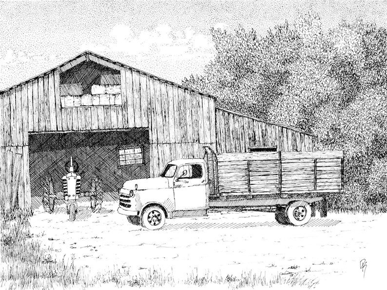 Original Drawing Rural Landscape Wall Art, Old Fashioned Barn Scene, Pen Ink, Horizontal 9 X 12