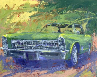 Original Painting Wall Art | Classic Car Automotive Art | Green 1965 Buick Riviera | Acrylic Impressionism Knife | Horizontal 12x16