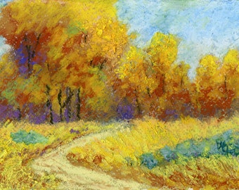 Original Painting Wall Art, Nature Landscape, Path into Autumn Trees, Impressionism Oil Pastel, Horizontal 5 X 7
