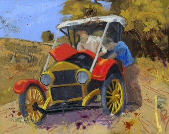 Original Painting Wall Art, Automotive Car Antique, Vintage - Antique Car Roadside Repair, Acrylic Mixed Media, Horizontal 12X16