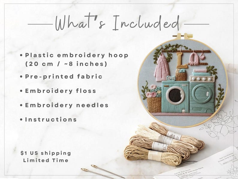 Cottage Laundry Room Embroidery Kit, Home DIY Craft Kit, Laundry ...