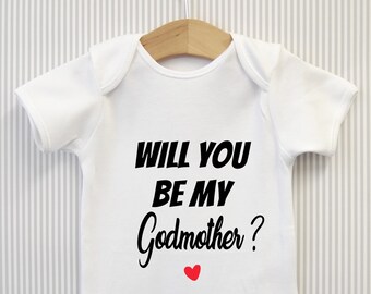Will you be my Godmother? Announcement Baby Grow Bodysuit Babygrow Top Vest Baby Shower Christening Gift  - Choice of heart colours