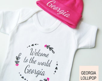 Personalised Welcome to the World Bodysuit & Pink Hat Gift Set - Name Announcement Baby Grow Babygrow Top Vest  - Choice of heart colours