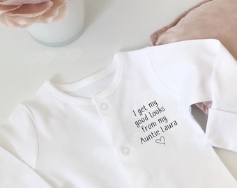 Personalised I Get My Good Looks From My Auntie Sleepsuit | Baby Grow Bodysuit Romper | All in one | Aunt Aunty | Baby Shower Announcement