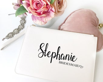 Personalised Bridesmaid Name Date Bag Clutch / Wedding Accessories Gift / Purse Handbag Zipped Pouch / Bride Mother of the Bride - 4 Colours