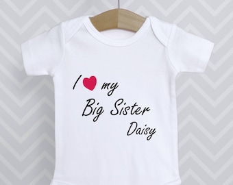 Personalised I Love My Big Sister Baby Grow Bodysuit Babygrow Top Vest Baby Shower Gift - Choice of heart colours