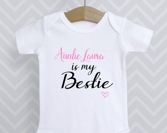 Personalised Auntie is my Bestie Baby Grow Bodysuit, Unisex Vest, Pregnancy Announcement, Gift Idea for New Aunty - Choice of text colour