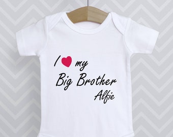 Personalised I Love My Big Brother Baby Grow Bodysuit Babygrow Top Vest Baby Shower Gift - Choice of heart colours