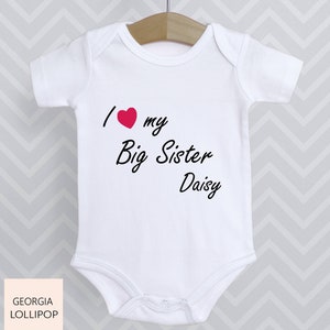Personalised I Love My Big Sister Baby Grow Bodysuit Babygrow Top Vest Baby Shower Gift - Choice of heart colours