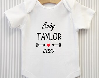Personalised Baby Name Surname & Date Announcement Arrow Baby Grow Bodysuit Babygrow Top Vest Baby Shower Gift - Choice of heart colours