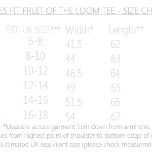 May include: Size chart for a women's t-shirt, showing estimated UK size, width in inches, and length in inches.  Sizes range from XS to 2XL.