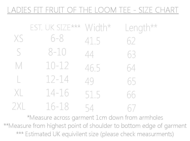 May include: Size chart for a women's t-shirt, showing estimated UK size, width in inches, and length in inches.  Sizes range from XS to 2XL.