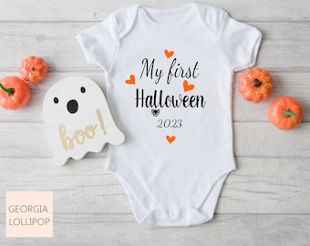 My 1st First Halloween Baby Grow 2023 |  Unisex Bodysuit Babygrow | Personalised Vest Sleepsuit | Halloween Gift Pumpkin
