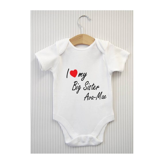 I love my big sister personalised your baby/'s name romper sleepsuit babygrow