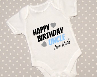 Happy Birthday Uncle Baby Grow Bodysuit Babygrow Top Vest Baby Shower Gift Present New Baby  - Choice of text colour