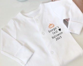 Personalised First 1st Halloween 2023 Baby Sleepsuit | Name Baby Grow Bodysuit Romper | Pumpkin All in one | New Baby Gift | Baby Clothing