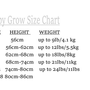 May include: Baby grow size chart with size, height in inches, and weight in pounds and kilograms.