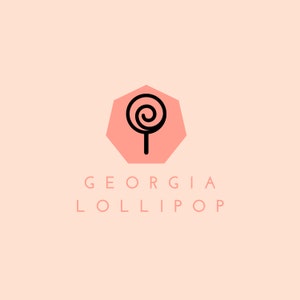 May include: A pink hexagonal logo with a black outline. Inside the hexagon is a black line drawing of a lollipop. Below the hexagon is the text "GEORGIA LOLLIPOP".