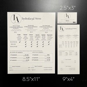 May include: A white paper menu for a Hydrafacial service, a business card, and a tall narrow menu card. The documents feature the LA Laser Aesthetic logo, service tiers, treatment steps, and pricing, with dimensions 8.5"x11", 2.5"x3", and 9"x4" printed on the black background.