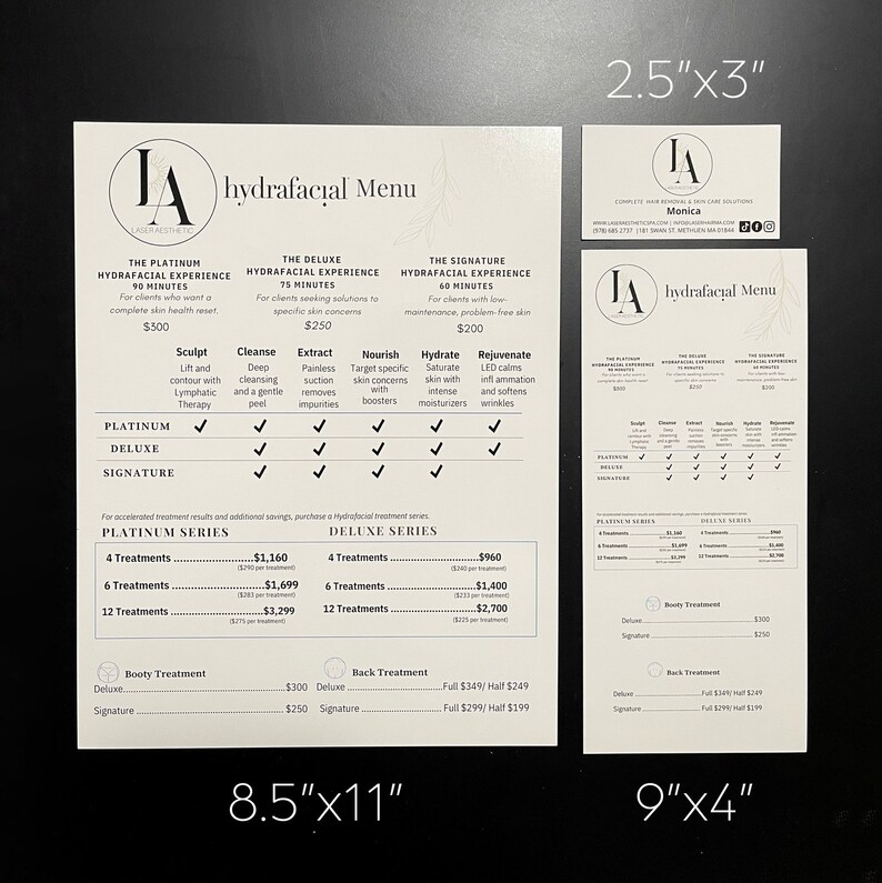 May include: A white paper menu for a Hydrafacial service, a business card, and a tall narrow menu card. The documents feature the LA Laser Aesthetic logo, service tiers, treatment steps, and pricing, with dimensions 8.5"x11", 2.5"x3", and 9"x4" printed on the black background.