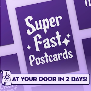 May include: A rectangular purple postcard featuring the white text Super Fast Postcards with four-pointed star icons. A white banner at the bottom displays the text AT YOUR DOOR IN 2 DAYS! with a small scroll icon containing a star on the left side.