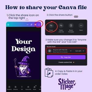 May include: An instructional graphic titled How to share your Canva file, featuring four numbered steps with screenshots showing the share icon, share button, access level settings for Anyone with the link and Can edit, and a copy link button.