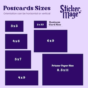 May include: A light purple informational graphic titled Postcards Sizes with the Sticker Mage logo. It displays dark purple rectangles representing sizes 3x5, 4x6, 5x7, 4x9, 2x3.5 labelled Business Card Size, 6x9, and 8.5x11 labelled Printer Paper Size in inches.