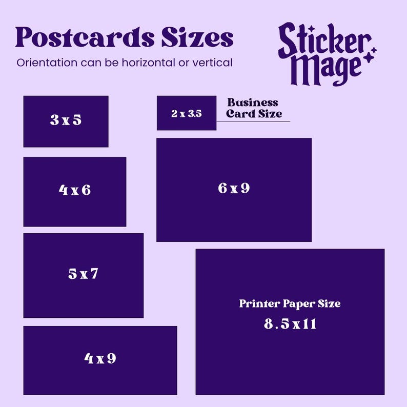 May include: A light purple informational graphic titled Postcards Sizes with the Sticker Mage logo. It displays dark purple rectangles representing sizes 3x5, 4x6, 5x7, 4x9, 2x3.5 labelled Business Card Size, 6x9, and 8.5x11 labelled Printer Paper Size in inches.