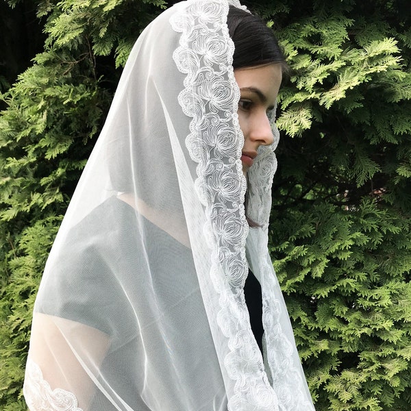 Ivory infinity chapel veil, classic catholic mantilla, head covering, lace veil with clip and pouch