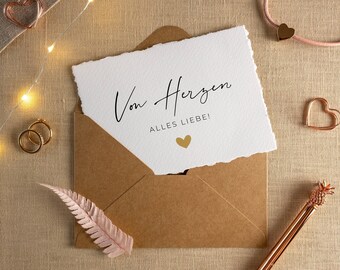 Von Herzen alles Liebe - Handgerissen - Hochzeitskarte - Geburtstagskarte - Glückwünschkarte mit Kuvert und Wachssiegel - Karte Hochzeit