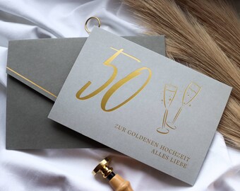 Glückwunschkarte zur goldenen Hochzeit mit Kuvert und Wachs-Siegel - Goldene Hochzeit Karte - 50. Hochzeitstag Karte 50 zur Hochzeit