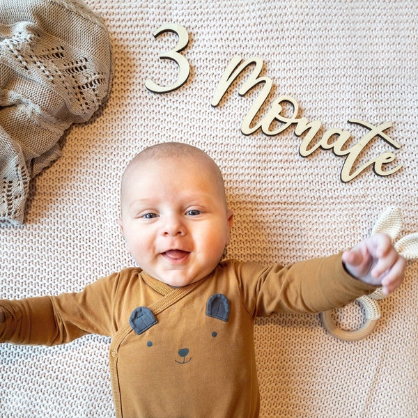 Meilensteinschriftzüge aus Holz - Meilensteinkarten Baby Holz - Meilensteinkarten Schwangerschaft Holz - 18 Teile