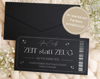 Personalisierter Zeit statt Zeug Gutschein mit edler Heißfolienveredelung