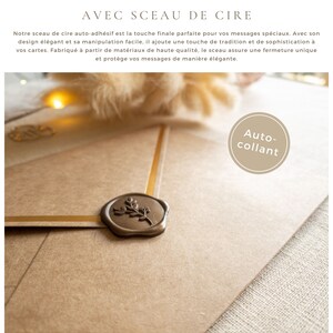 May include: A brown envelope with a gold stripe and a wax seal with a leaf design. The text "Auto-collant" is written in a circle on the envelope.
