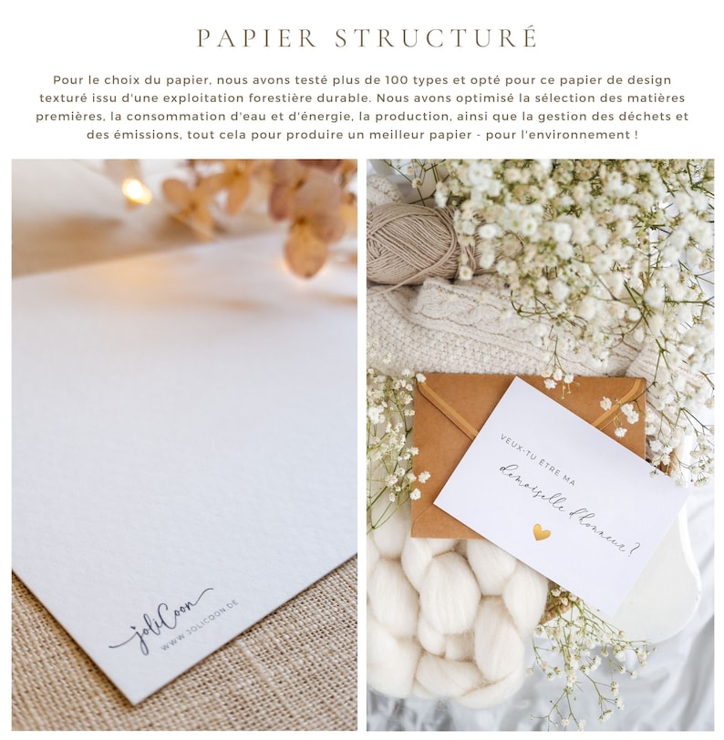 May include: A white card with the text "VEUX-TU ETRE MA Damoiselle d'honneur?" in black with a gold heart. The card is sitting on a brown envelope and a white knitted fabric with white flowers.