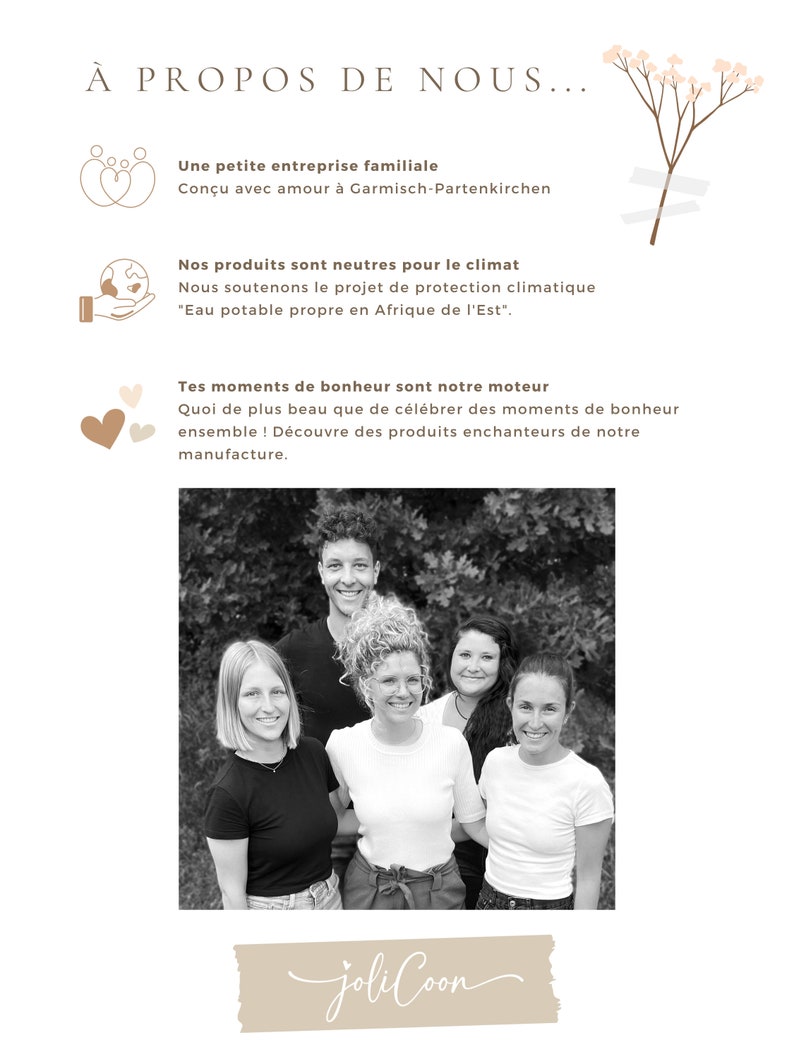 May include: A black and white photo of five people smiling. The group is standing in front of a leafy background. The text "&Agrave; PROPOS DE NOUS..." is at the top of the image. The text "joliCoon" is at the bottom of the image.
