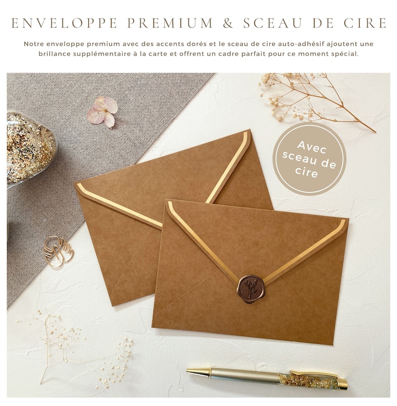 May include: Two brown envelopes with gold accents and a wax seal. The envelopes are on a white surface with a small bouquet of white flowers and a pen.