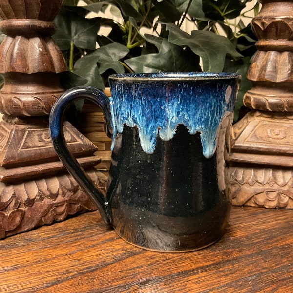 Holds 16 oz.  Handmade Galaxy Dripping Glaze pottery coffee mug, tea cup.  Microwave and dishwasher safe. Ready to ship.  Unique gift.