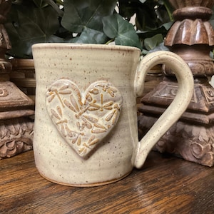 Large Handmade Dragonfly Stoneware Coffee Mug, Textured Pottery Tea Cup (16 oz).  Dishwasher, microwave safe.  Great gift