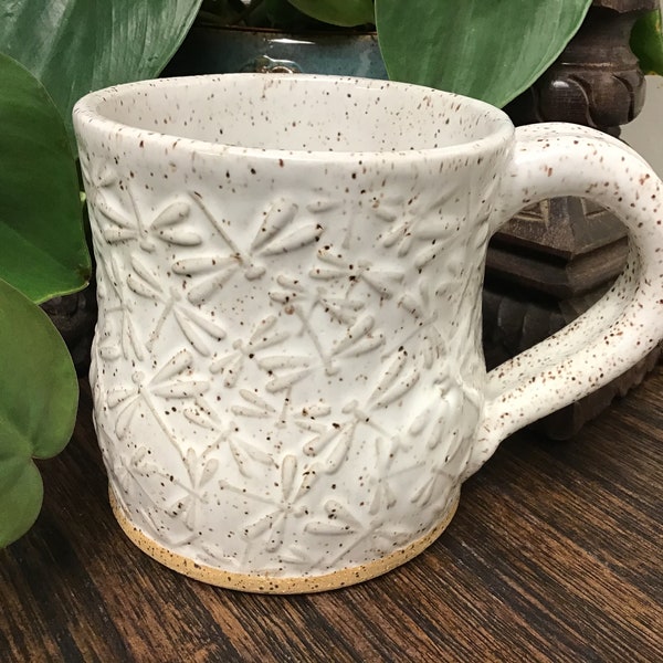 Handmade Dragonfly pottery coffee mug / coffee cup / tea cup.  Holds 14 oz.  Dishwasher and microwave safe.