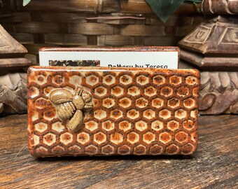 Handmade Bee, Bee Hive Pottery Business Card Holder.  Heavy stoneware.  Bottom padded for desk.  Great gift.  Ready to ship