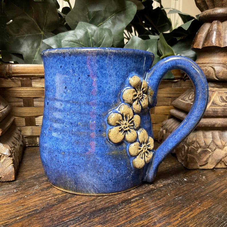 Holds 16 Oz. Handmade Rustic Flowers Daisies Pottery Coffee Mug, Cup
